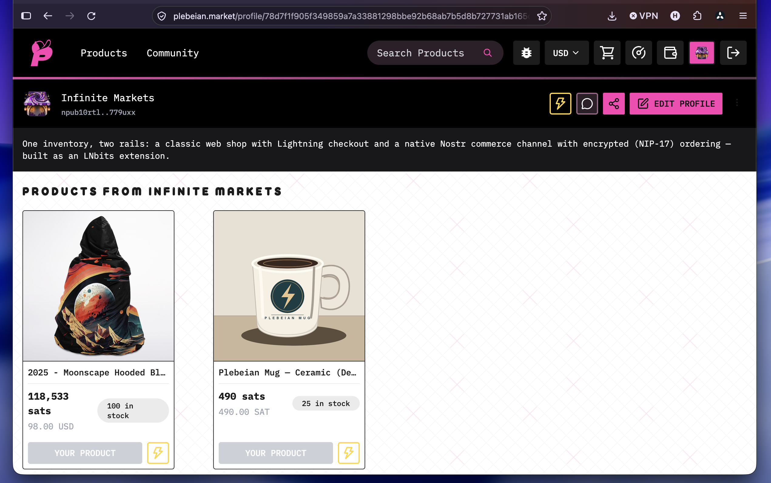 Infinite Markets listings on plebeian.market