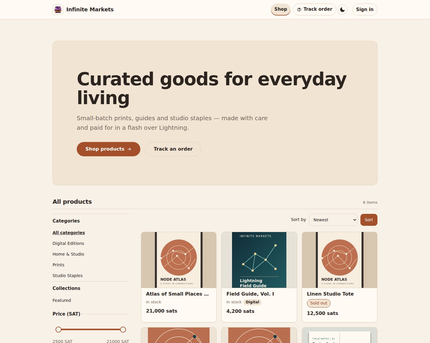 Infinite Markets storefront home page